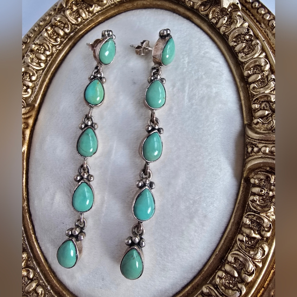 Turquoise Teardrop Dangle Sterling Silver Earrings Western Rodeo - Picture 3 of 9